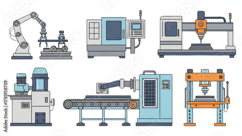 Industrial Machines and Equipment Vector Illustrations for Manufacturing
