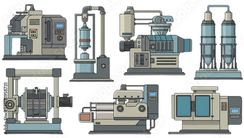 Diverse vector illustrations of modern industrial machinery, showcasing manufacturing equipment and production line concepts