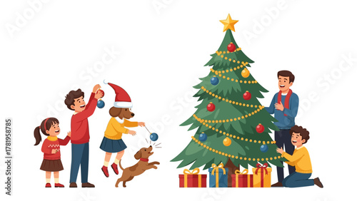 Family Fun in Christmas Preparations: A heartwarming scene unfolds as a family, including a dog, joyfully decorates a Christmas tree, creating lasting memories.