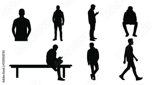Male silhouettes in various poses isolated on white background, Vector