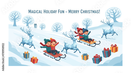 Magical Winter Fun: Children enjoy the magic of winter, sledding down snow-covered hills with the company of whimsical reindeer, surrounded by festive gifts.