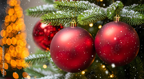 Closeup of red christmas balls hanging on a fir tree with bokeh lights
