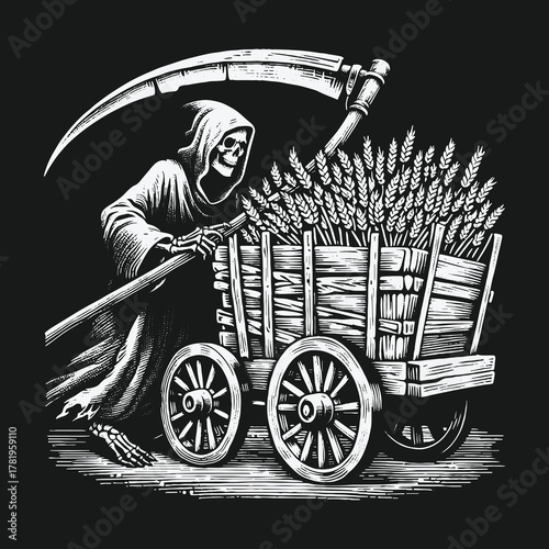 Grim Reaper with a scythe pushing a wooden cart of harvested wheat.