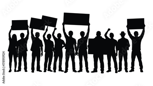 Protest crowd silhouettes with signs isolated on white background, Vector