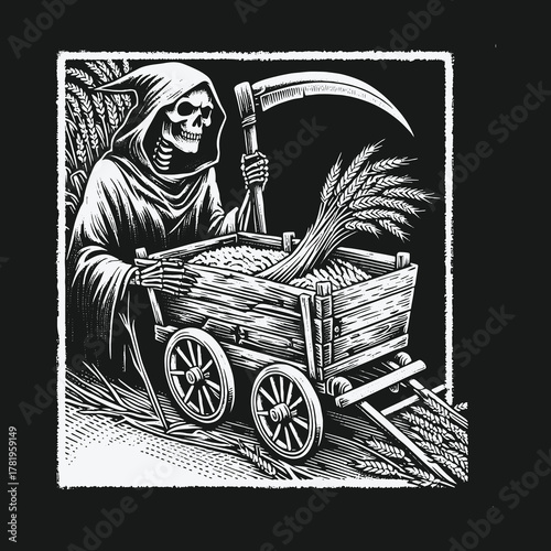 Gothic illustration of the Grim Reapers final harvest with a scythe and cart.