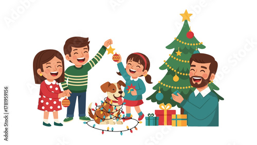Festive Family Joy: A cheerful family unites in decorating a Christmas tree, radiating happiness and warmth, along with a dog joining the spirit of celebration.