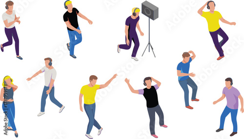 isometric illustration of people listening to music with headphones dancing and enjoying sound entertainment in casual modern style