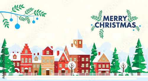 Christmas town with snow, trees and merry christmas text on white background