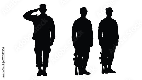Military soldiers silhouettes: saluting and standing at attention with rifles isolated on white background, Vector