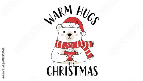 Warm Hugs This Christmas: An adorable polar bear, clad in a festive Santa hat and a cozy scarf, extends warm hugs this Christmas. Embracing the spirit of togetherness and festive cheer.