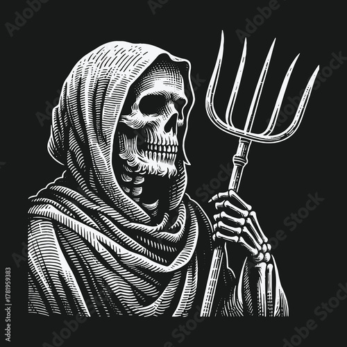Hooded Grim Reaper skeleton holding a pitchfork illustration.