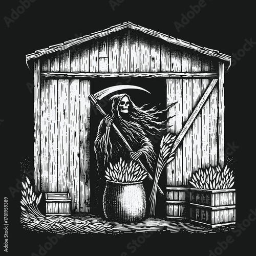 Monochrome Engraving of the Grim Reapers Harvest.