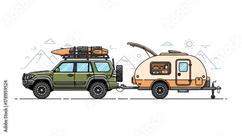 Adventure-ready overland vehicle towing a cozy camping trailer, set for exploration and discovery