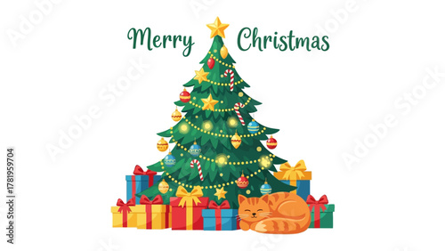 Festive Holiday Greetings: An animated Christmas tree adorned with ornaments and gifts, accompanied by a sleepy cat and festive text, encapsulates the warm spirit of the holiday season.