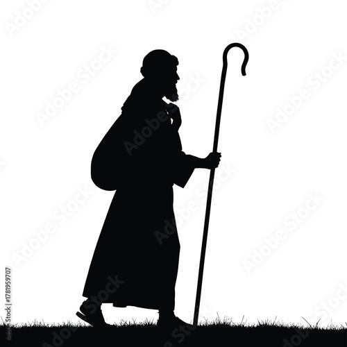 Shepherd Silhouette Walking with Staff Vector Biblical Illustration