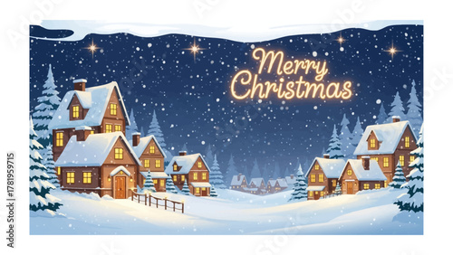 Winter Wonderland Christmas: A cozy Christmas village nestled amidst a snowy landscape, illuminated by twinkling stars and the warm glow of festive lights, creating a scene of holiday cheer.