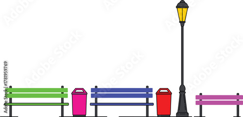 Minimalist city park illustration with benches, streetlight, trash bins, clean urban landscape design, outdoor public seating, modern flat vector style