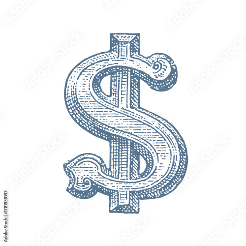 Vintage dollar sign illustration. Vintage woodcut linocut engraving style vector illustration.