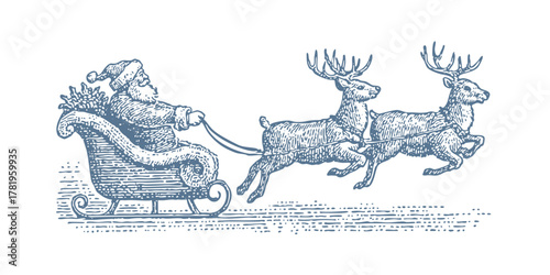 Vintage illustration of Santa Claus in his sleigh pulled by reindeer. Vintage woodcut linocut engraving style vector illustration.