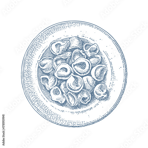 Overhead view of a plate of tortellini pasta. Vintage woodcut linocut engraving style vector illustration.