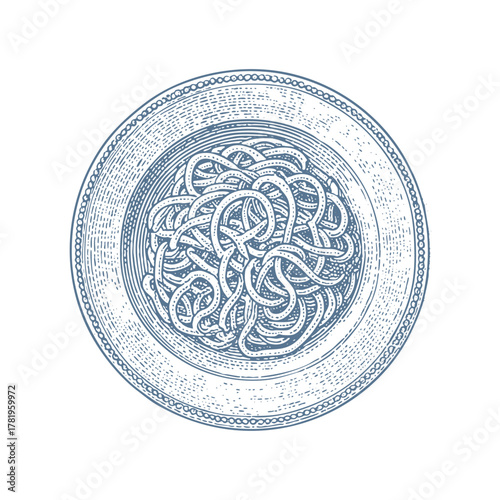 Vintage illustration of spaghetti on a plate. Vintage woodcut linocut engraving style vector illustration.