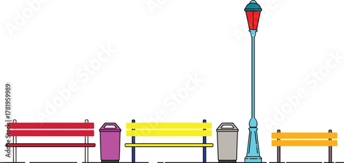Minimalist city park illustration with benches, streetlight, trash bins, clean urban landscape design, outdoor public seating, modern flat vector style
