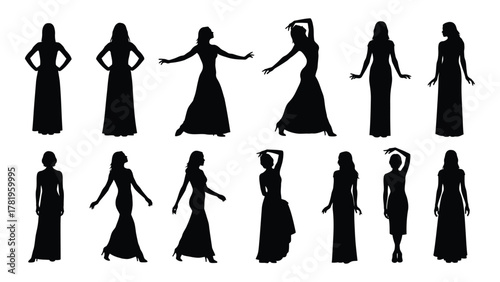 Collection of female silhouettes in dresses isolated on white background, Vector