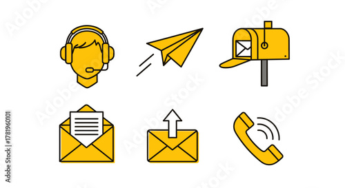 Set of communication icons including headset, paper airplane, mailbox, envelope, and phone