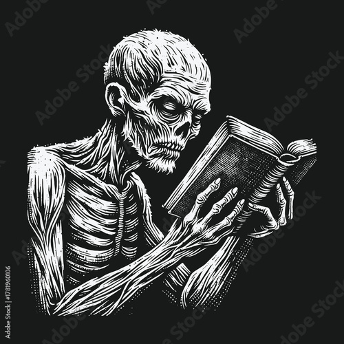 Monochrome horror illustration of an undead creature reading a book.