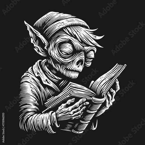 Mysterious fantasy goblin creature engrossed in reading a book.