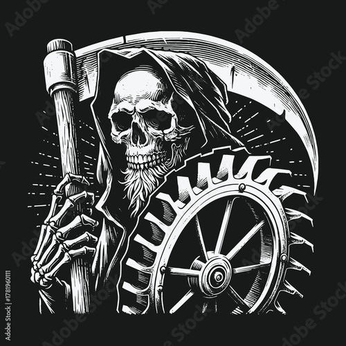Grim Reaper with Scythe and Industrial Gear Illustration.