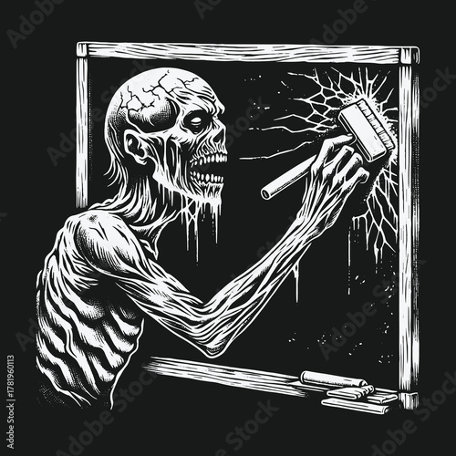 Monochrome horror illustration of an undead zombie smashing glass.