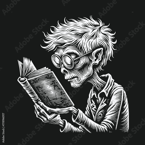 Spooky Skeleton with Wild Hair and Glasses Reading a Book.