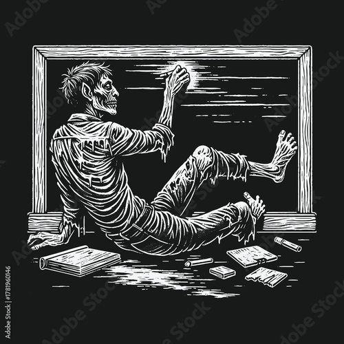 Monochrome illustration of an undead artist drawing a glowing galaxy.