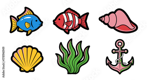 Colorful marine life and nautical elements collection