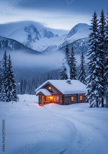 Peaceful Winter Cabin Scene with Smoking Chimney Nestled in a Snowy Forest Landscape at Dusk