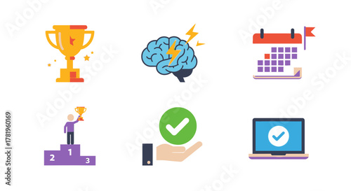 Collection of flat icons representing success, ideas, planning, and achievement