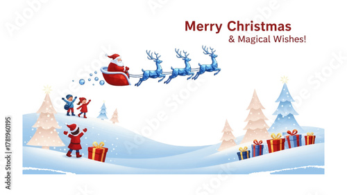 Magical Christmas Wishes: A festive scene unfolds, with Santa Claus soaring through the snowy sky on his sleigh, reindeer leading the way, and children filled with glee. Surrounded by evergreen trees.