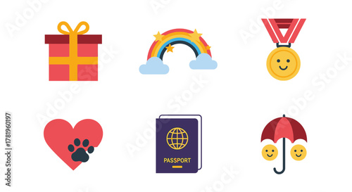 Set of flat icons including gift, rainbow, medal, heart, passport, and umbrella with smiley faces