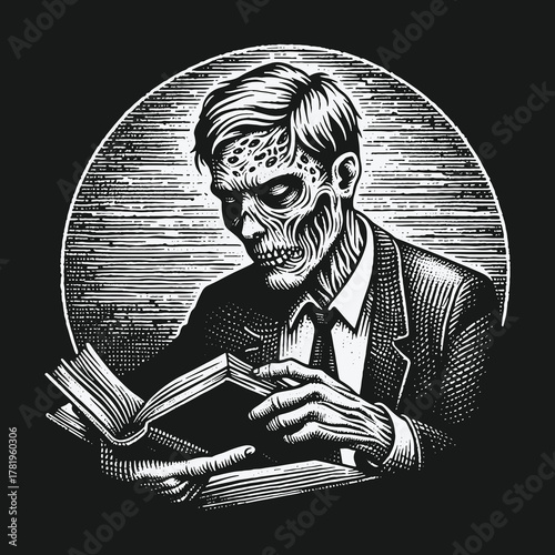 Monochrome woodcut style zombie scholar reading a book.