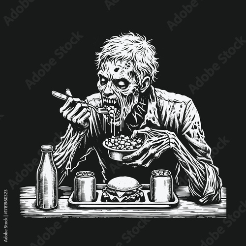Monochrome illustration of a scary zombie eating a meal.