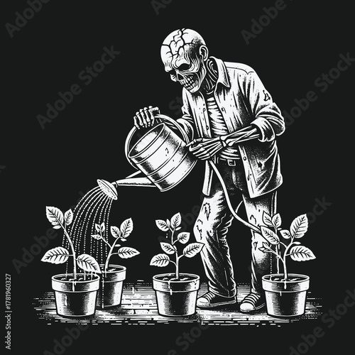 Monochrome vintage illustration of a skeleton gardener watering plants.