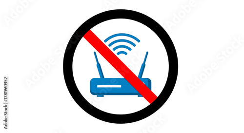 No wifi symbol with a router inside a red circle with a diagonal line