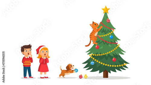 Christmas Chaos: Delightful Christmas scene featuring a playful kitten atop a decorated tree, observed by wide-eyed children, while a puppy playfully chases ornaments.