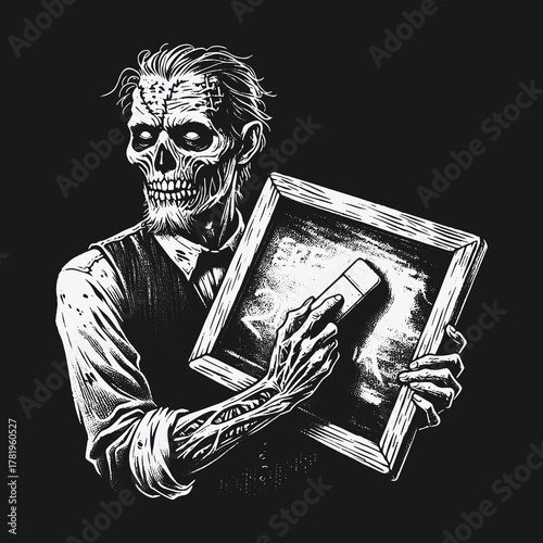 Monochrome illustration of a zombie erasing a memory from a picture frame.