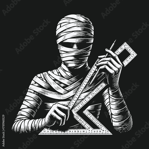 Black and white engraving style illustration of a mummy holding geometric rulers.