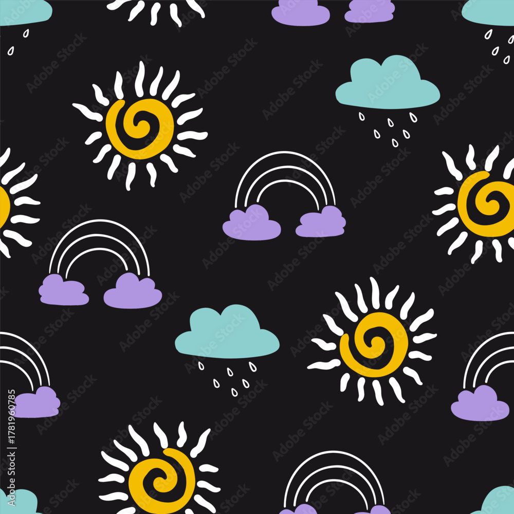 Obraz premium Cute Weather Clouds and Sun Vector Seamless Pattern