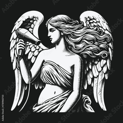 Classical Angel with Wings Drying Her Long Wavy Hair.