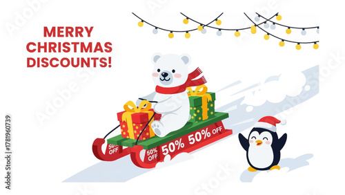 Festive Sleigh Ride: A cheerful polar bear, adorned with a cozy scarf, joyfully rides a festive sleigh overflowing with presents. An animated penguin adds to the holiday cheer.