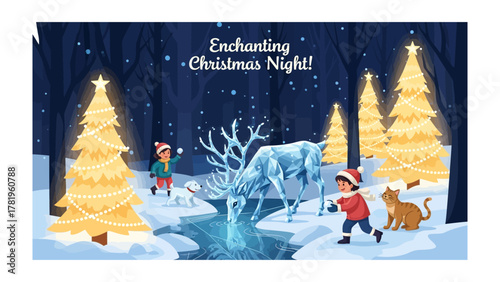 Enchanting Christmas Night Scene: An illustrative scene that brings forth a magical Christmas night with glowing trees, animated deer, children and cat, all encapsulated within a dreamy wonderland.